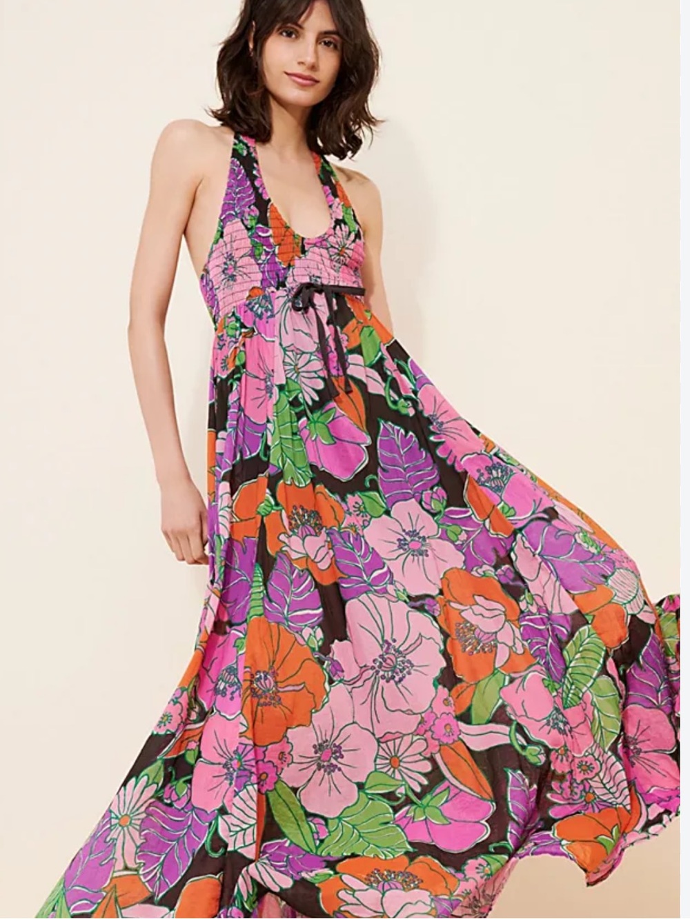 Free People Floral Halter Maxi Dress - Pink, Orange & Green